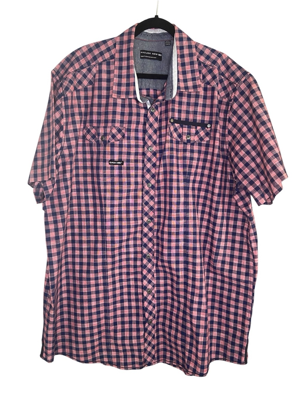 Projek Raw Men’s 2XL Pink & Navy Plaid Short Sleeve Button-Up Shirt, 100% cotton